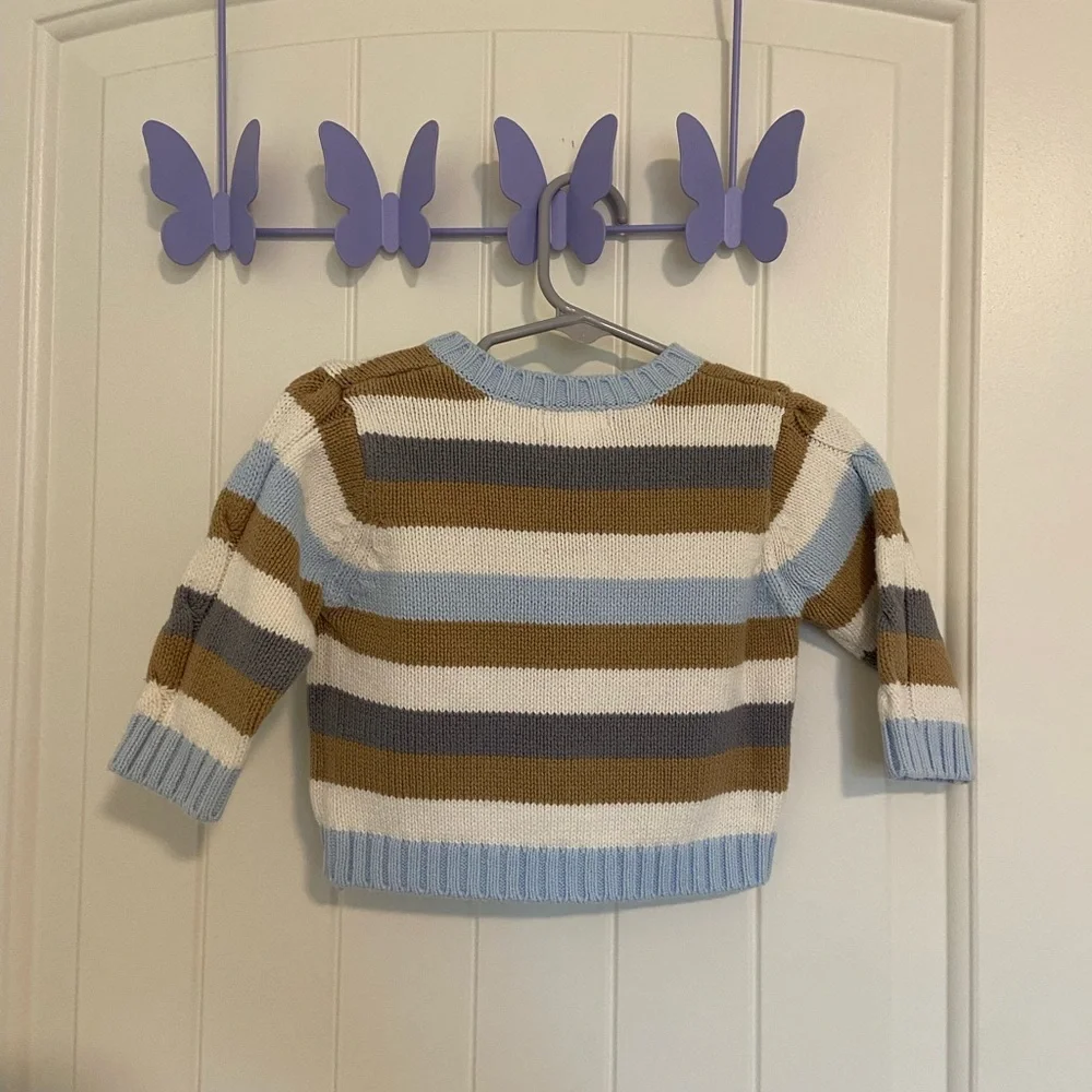 EUC | Children’s Place baby boy’s blue tan striped button sweater 6-9 months‎